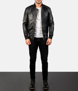 Bomia  Black Leather Bomber Jacket