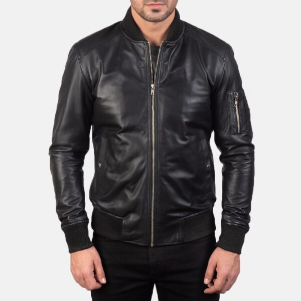 Bomia  Black Leather Bomber Jacket - Image 2