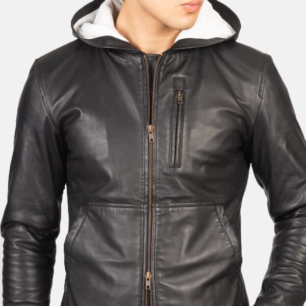 Baston Black Hooded Leather Bomber Jacket - Image 4