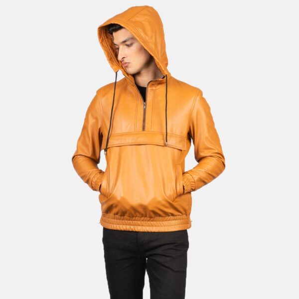 Kenton Hooded Brown Leather Pullover Jacket - Image 3