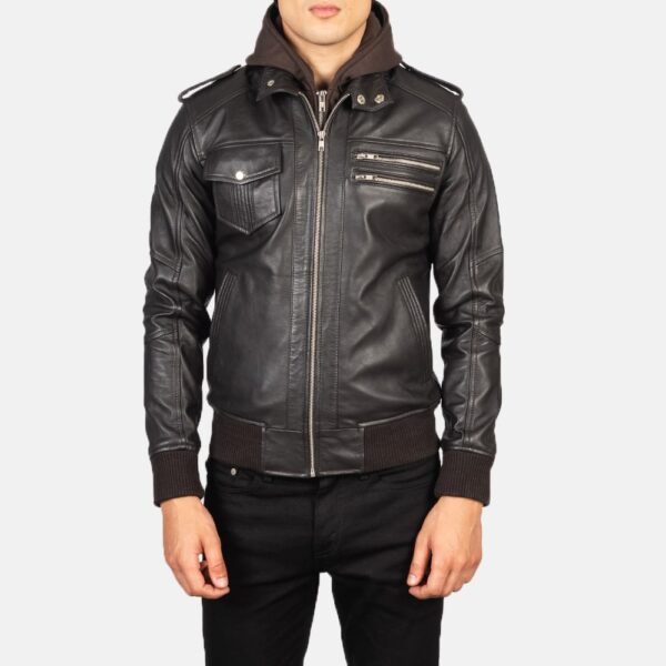 Bravado Brown Hooded Leather Bomber Jacket - Image 5