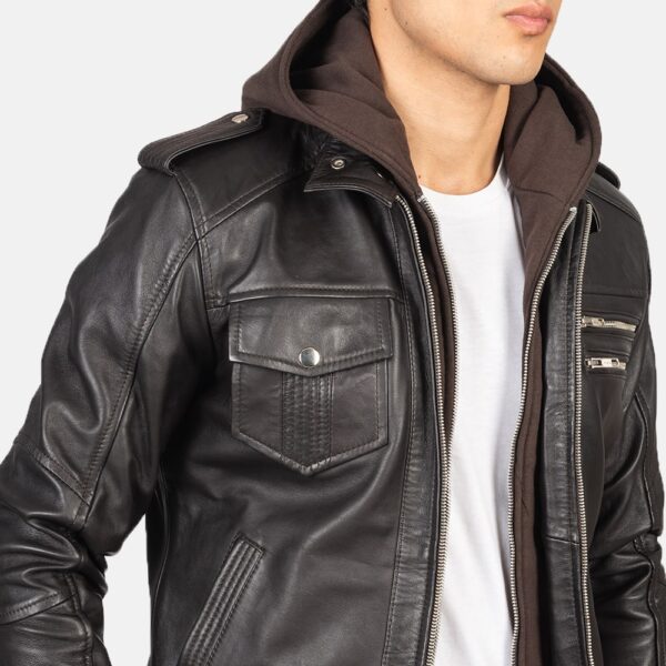 Bravado Brown Hooded Leather Bomber Jacket - Image 3
