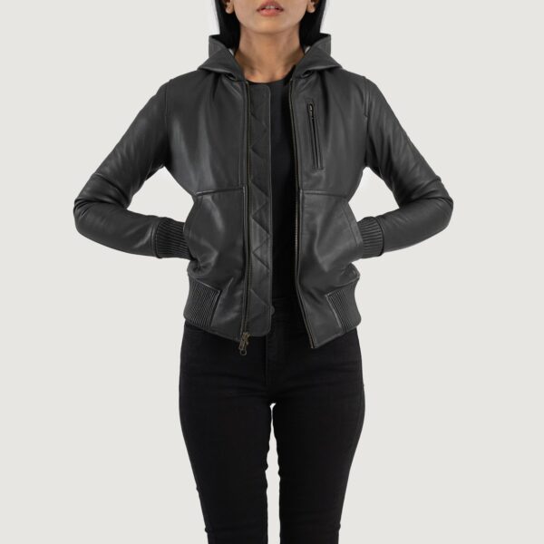 Luna Black  Hooded Leather Bomber Jacket