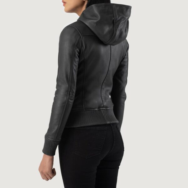 Luna Black  Hooded Leather Bomber Jacket - Image 3
