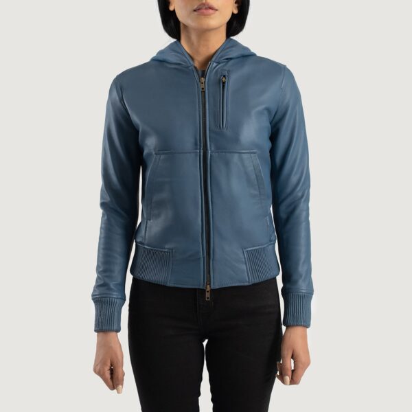 Luna Blue  Hooded Leather Bomber Jacket - Image 2