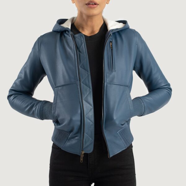 Luna Blue  Hooded Leather Bomber Jacket
