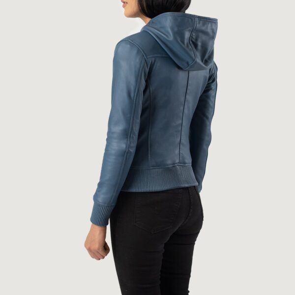 Luna Blue  Hooded Leather Bomber Jacket - Image 3