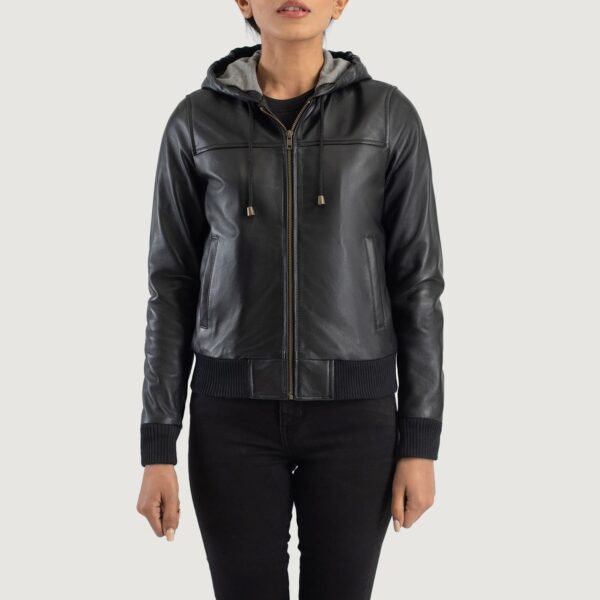Rebella Black Hooded Leather Bomber Jacket - Image 2