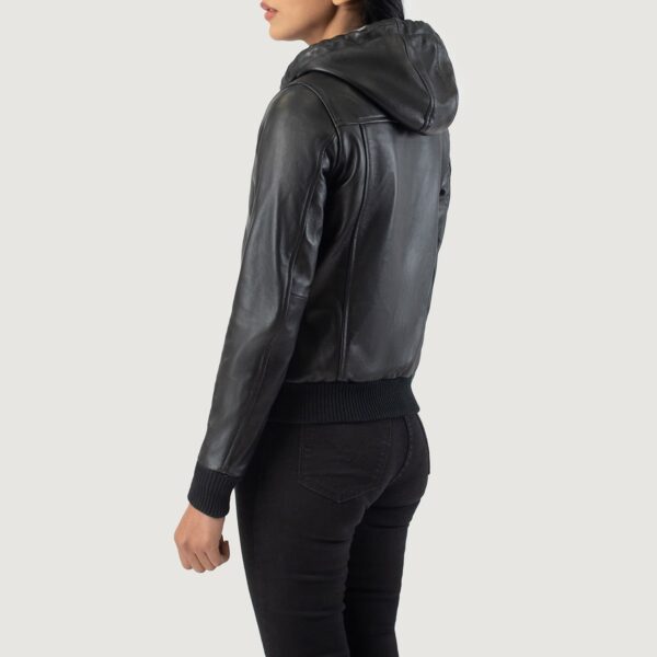 Rebella Black Hooded Leather Bomber Jacket - Image 3
