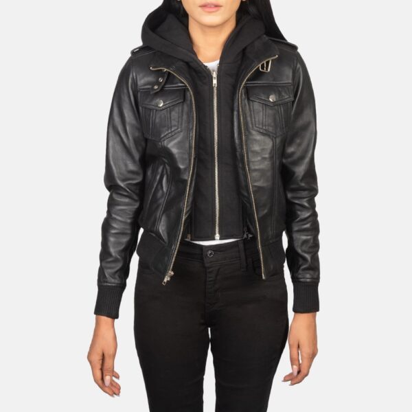 Roslyn Black Hooded Leather Bomber Jacket - Image 2