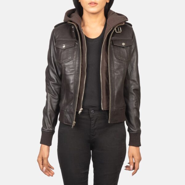 Roslyn Brown Hooded Leather Bomber Jacket - Image 2