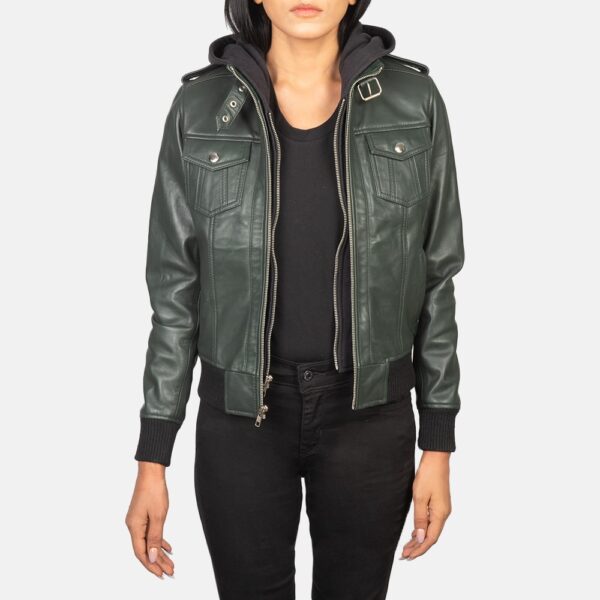 Roslyn Green Hooded Leather Bomber Jacket - Image 2