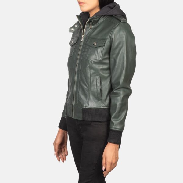 Roslyn Green Hooded Leather Bomber Jacket - Image 3